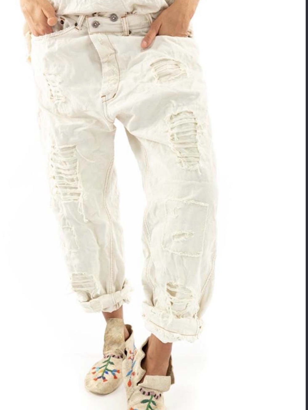 Magnolia Pearl Cotton Miner Denim pants distressed cream adjustable waist - Picture 5 of 16